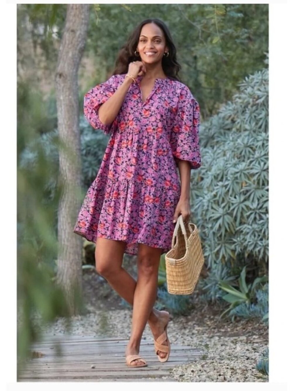 Sundry Pink and Red Floral Tiered Dress